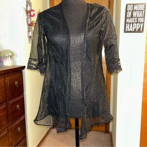 Vintage sheer black open cover up short robe lace details whimsigoth one size